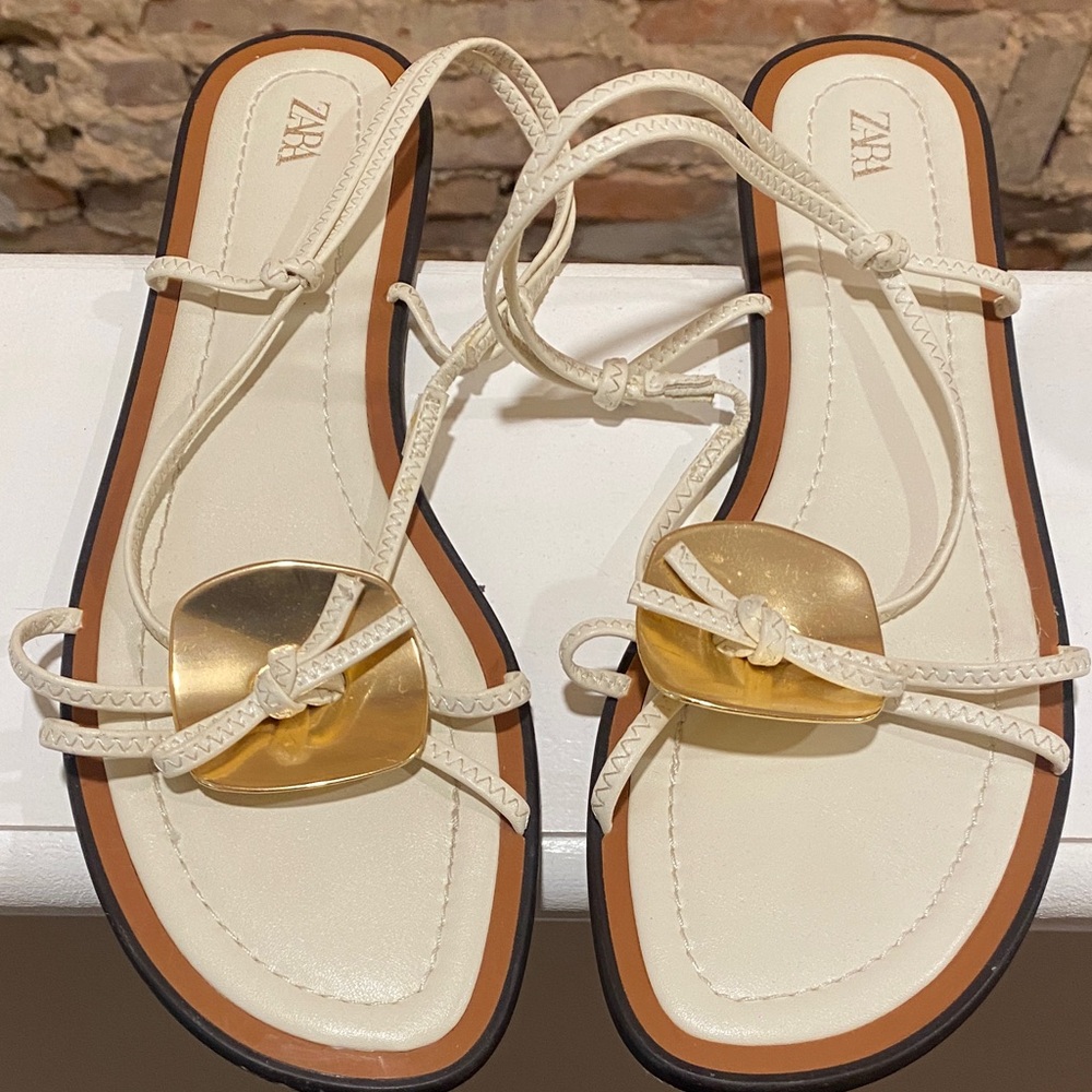 Zara Ivory Sandals with Metallic Gold Detail